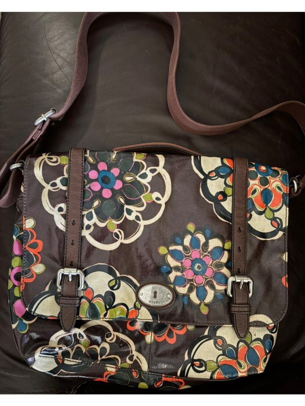 Fossil Key Per Multicolor Floral Coated Canvass Tote/Laptop Bag - Leather Trim